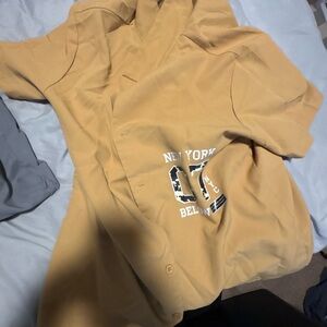 Tan Button-Up Shirt with New York Graphic